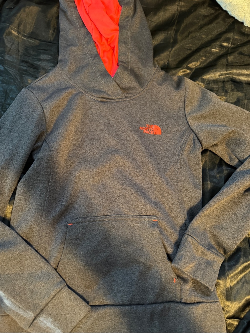 The North Face Women’s Heather Gray Crewneck Hoodie with orange Accents